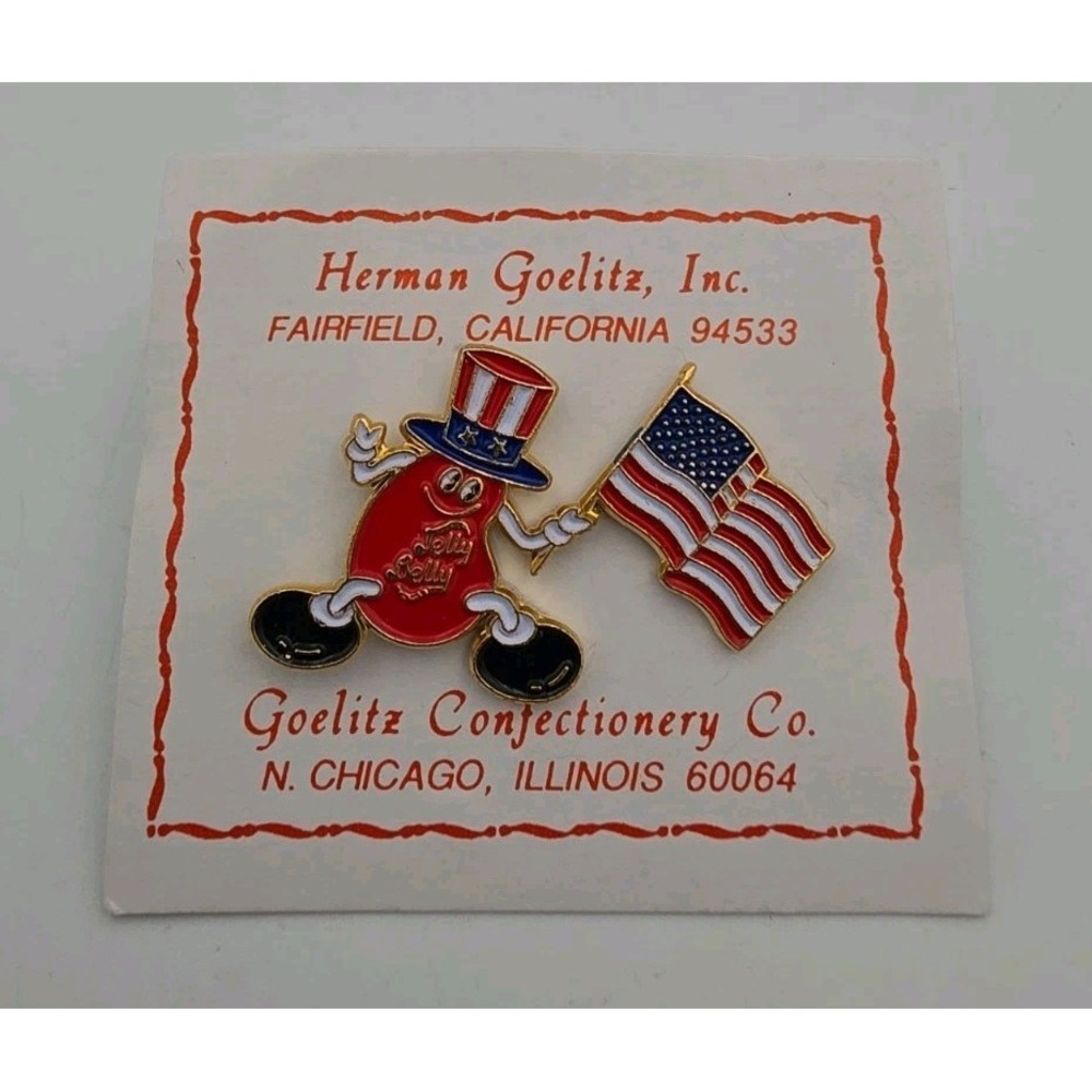 Vintage Jelly Belly American Flag Pin Badge Herman Goelitz Co Uncle Sam Mascot